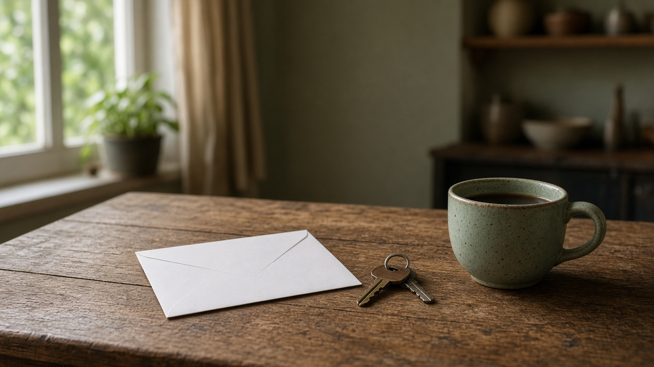Envelope em branco, chave e xícara sobre uma mesa de madeira em luz de fim de tarde, ilustrando a consulta ao abono salarial