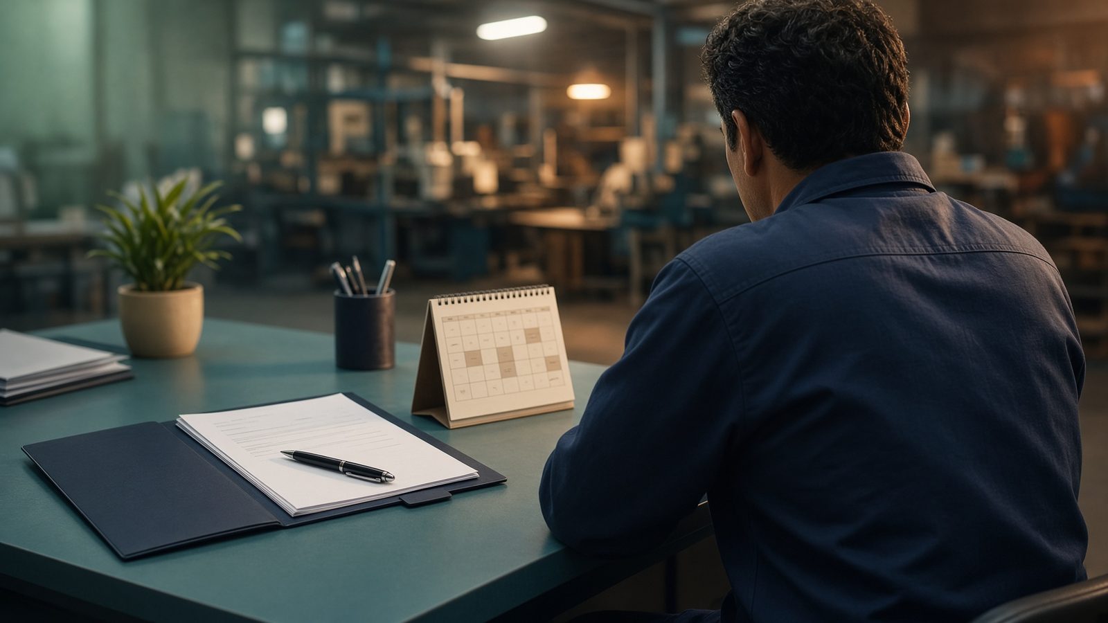 Trabalhador de costas em escritório industrial ao lado de pasta de contrato e calendário, ilustrando o período de experiência