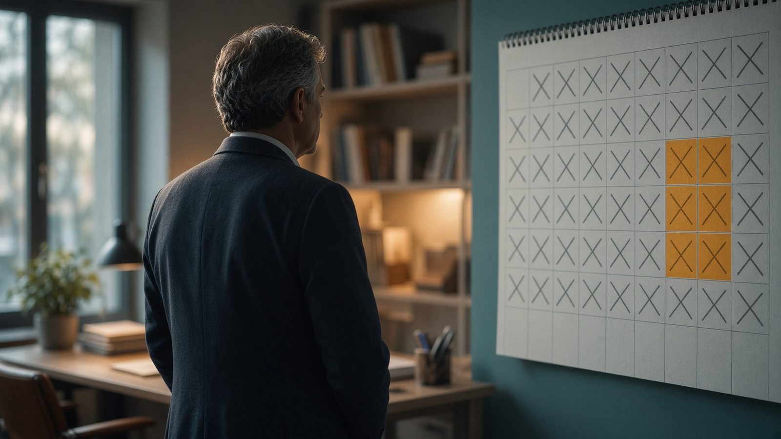Trabalhador em escritório diante de um calendário com poucos dias restantes, ilustrando a estabilidade pré-aposentadoria