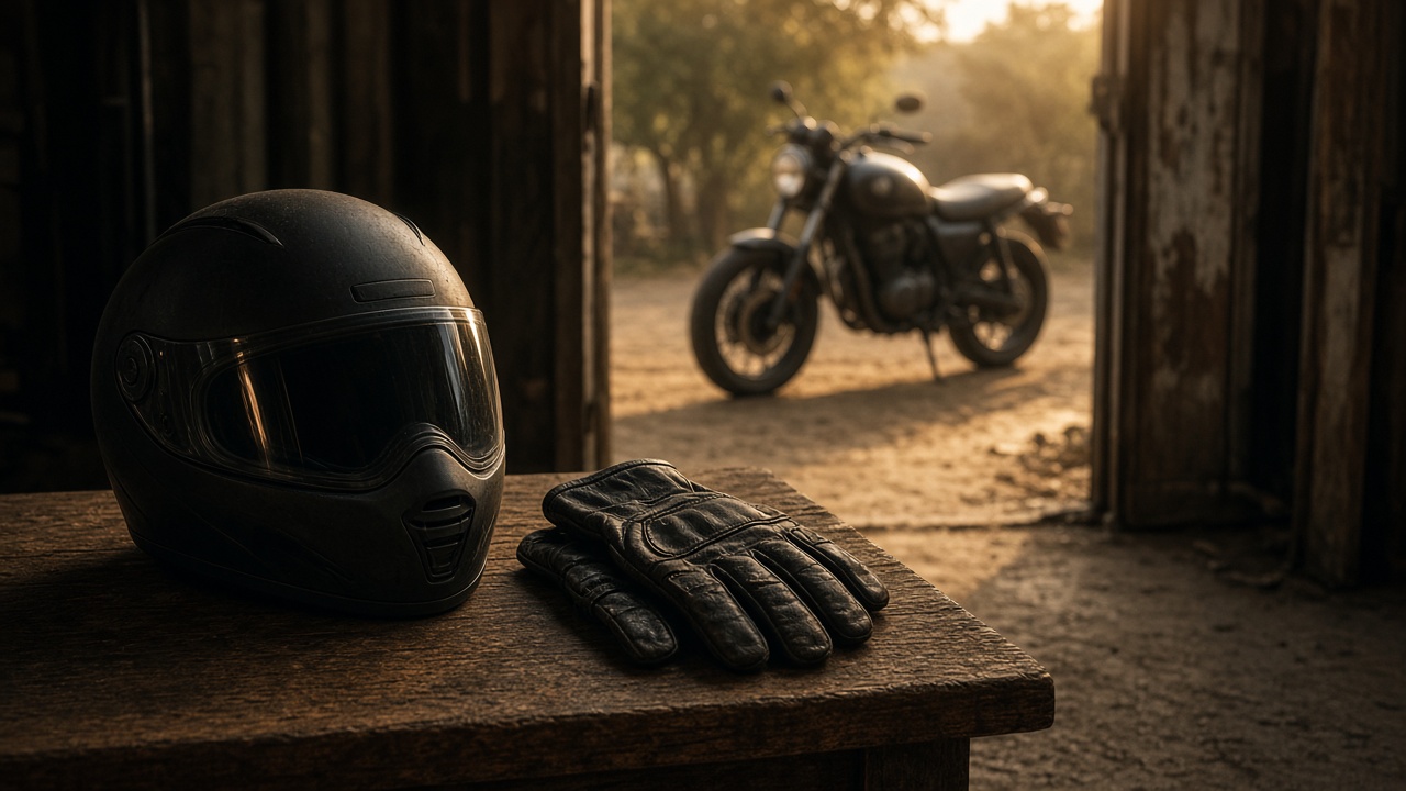 Capacete e luvas sobre uma mesa de madeira, com uma motocicleta parada à porta de um galpão, ilustrando o trabalho em motocicleta