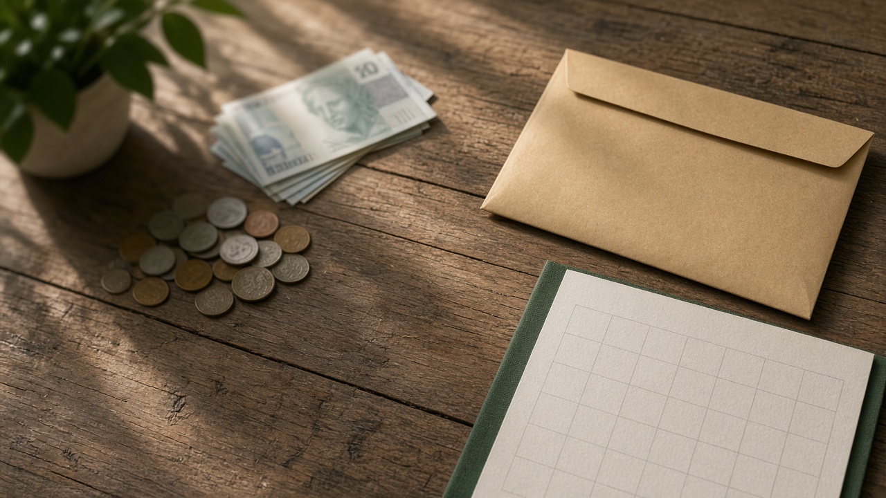 Mesa de escritório com cédulas de real fora de foco, um envelope fechado e uma folha de calendário em branco, ilustrando a estimativa do salário mínimo